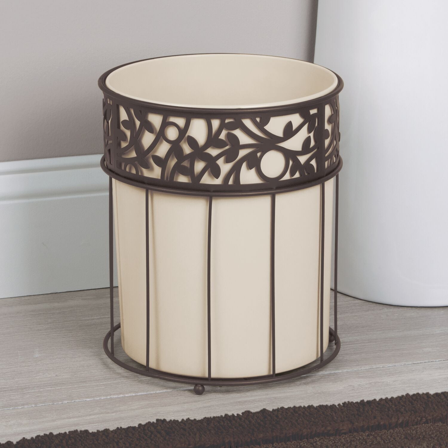 iDesign Vine Bathroom Trash Can, 1.8 Gallon Decorative Steel Open Top Garbage Bin, Vanilla (Cream)/Bronze