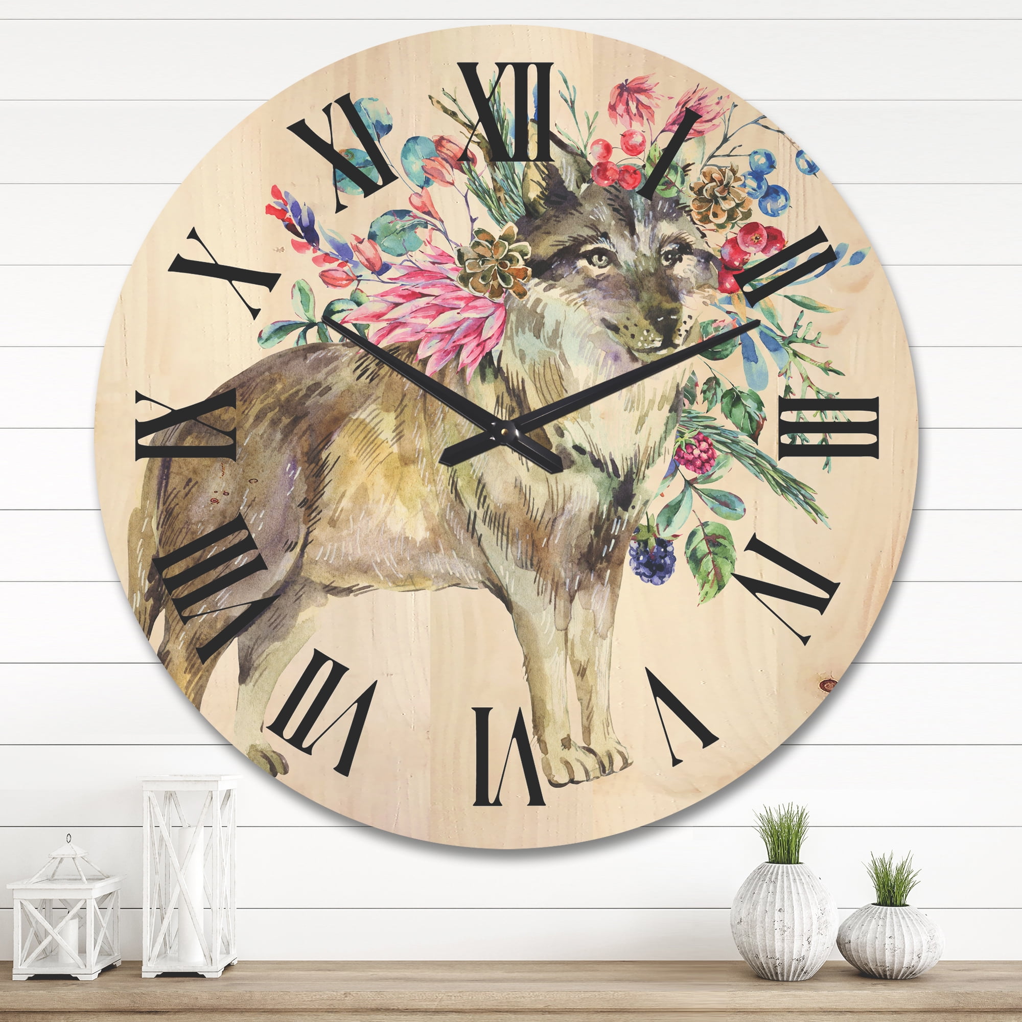 Designart 'Wolf With Woodland Flowers On White' Farmhouse Wood Wall Clock