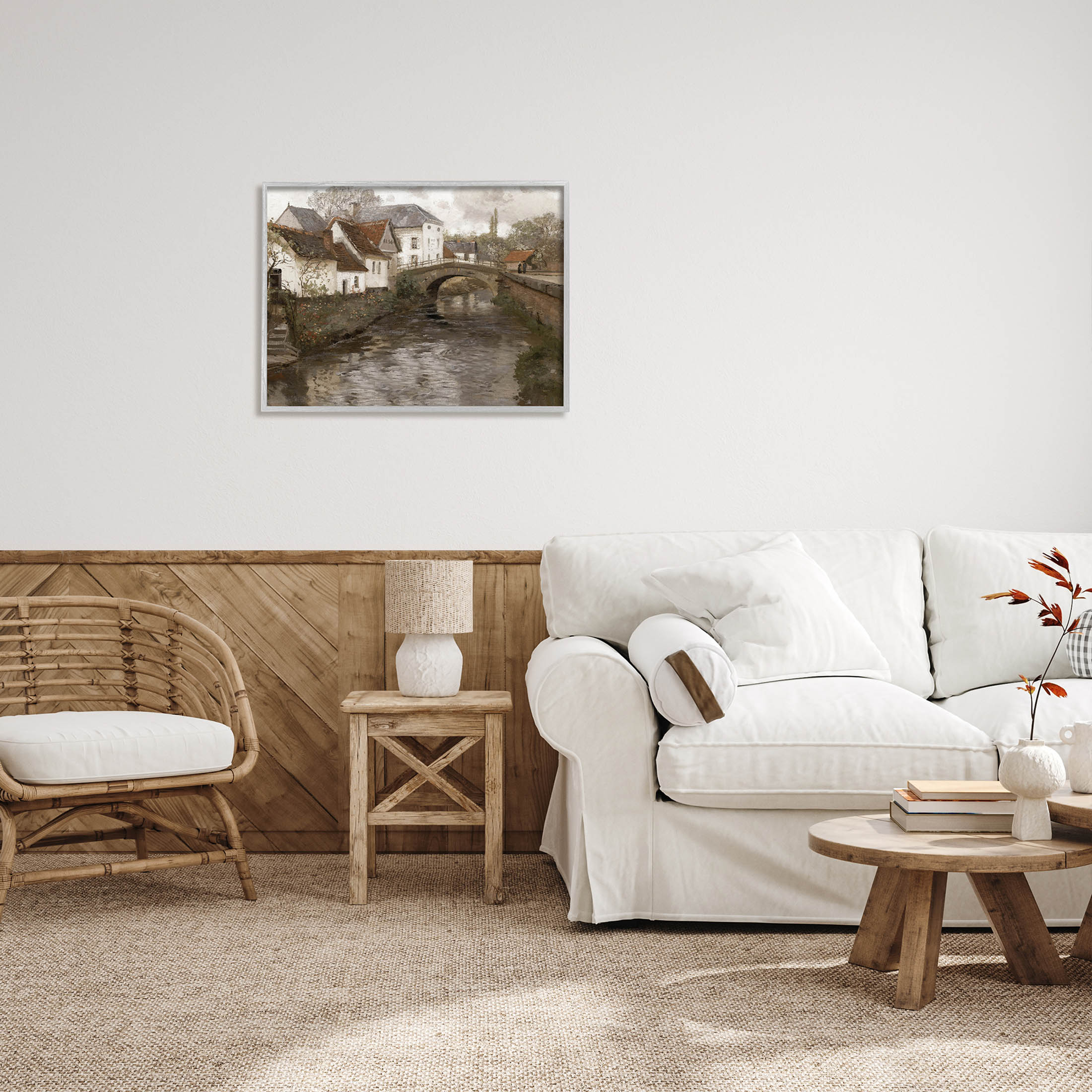 Classic Canal Neighborhood Scenery Landscape Painting Gray Framed Art Print Wall Art
