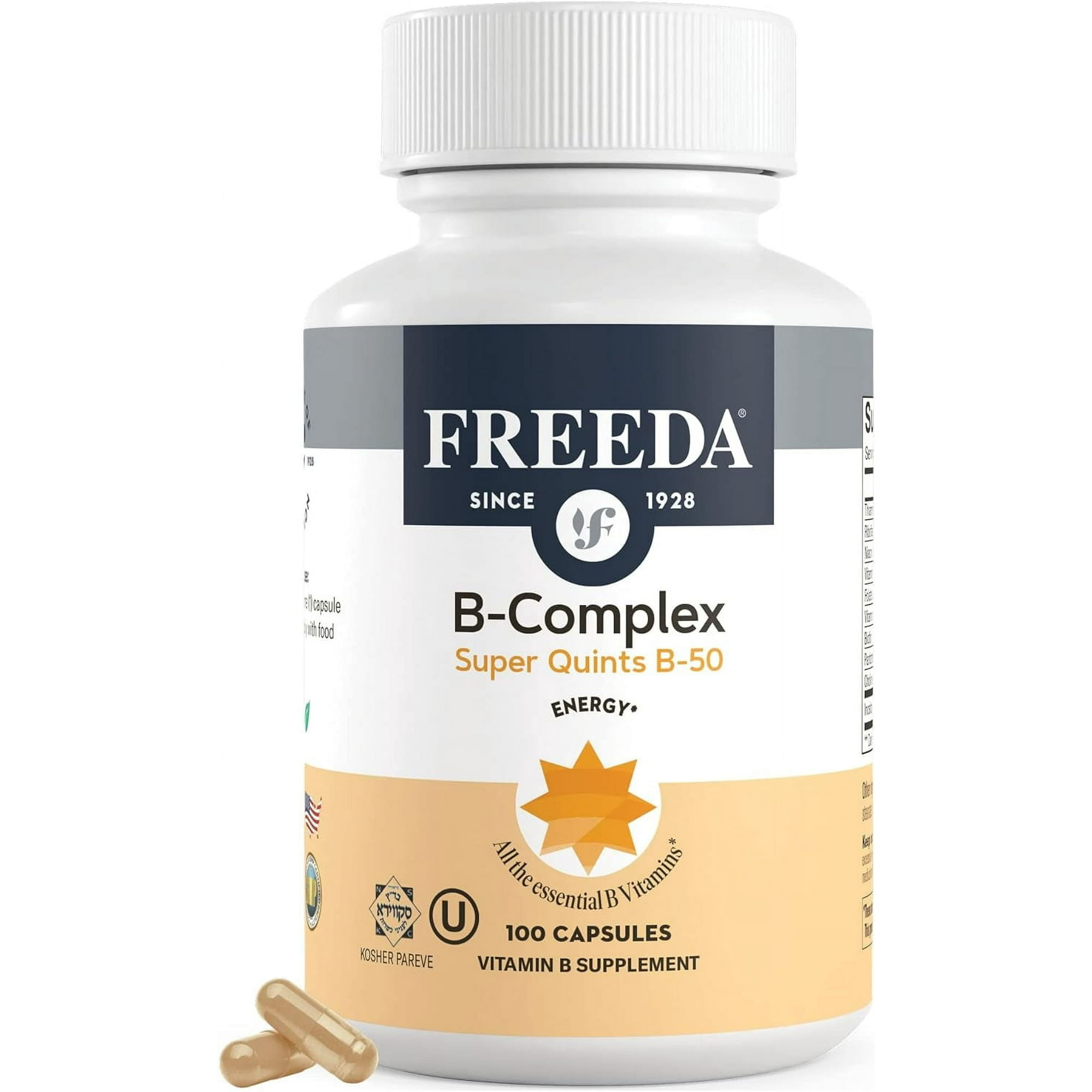 Freeda Vitamin B Complex – Super Quints B-50 | High Potency B-Complex for Energy & Metabolism | Vegan, Kosher, Gluten Free | 100 Capsules