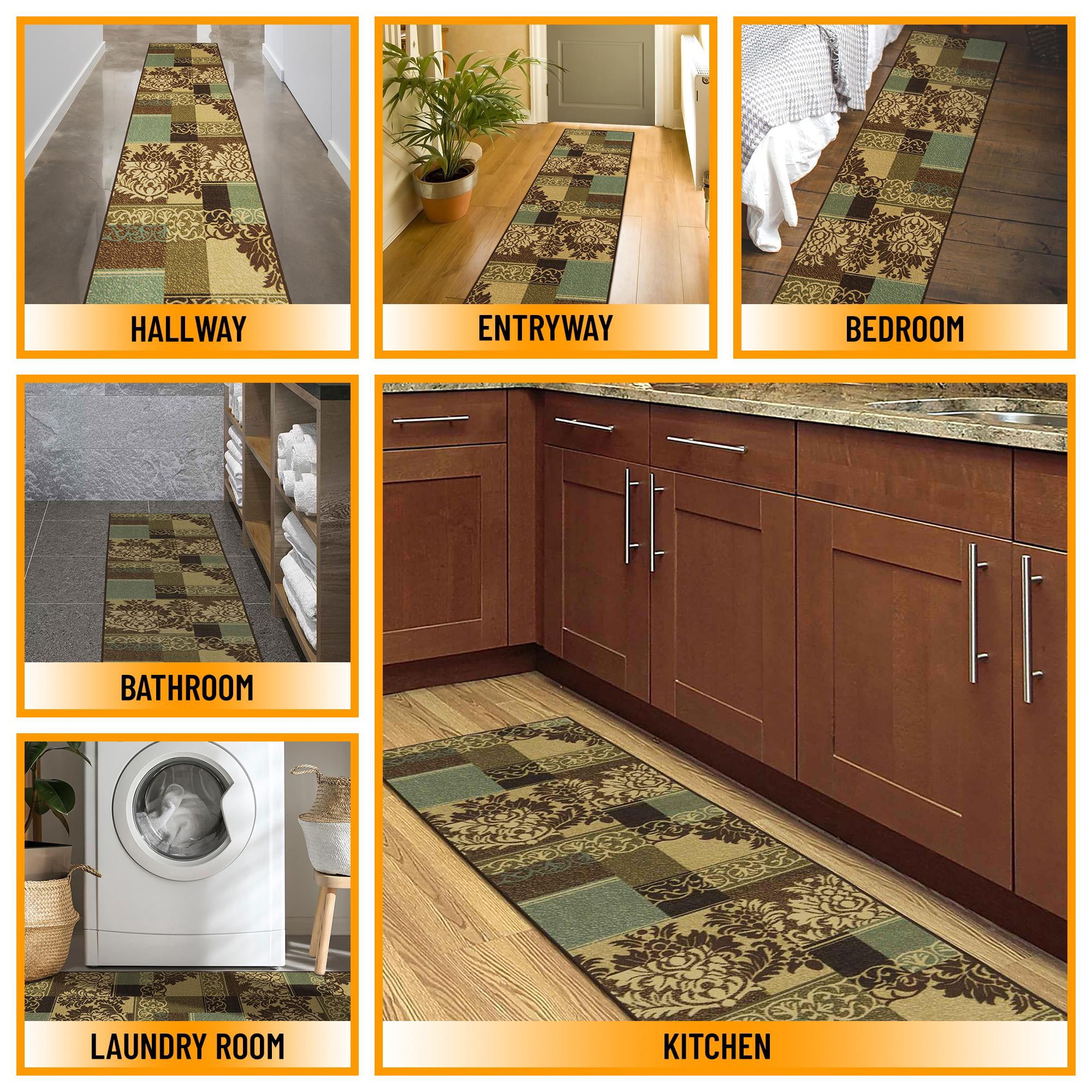 Ottomanson Non-Slip Hallway Runner Rug 1'10" x 7' Perfect for High Traffic Areas, Brown/Green Damask