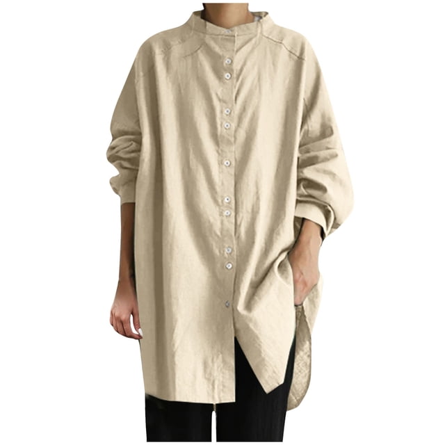 Besolor Cotton Linen Tops for Women Crewneck Button down Plus Size Long Sleeve Shirts Casual Solid Color Fall Spring Blouse
