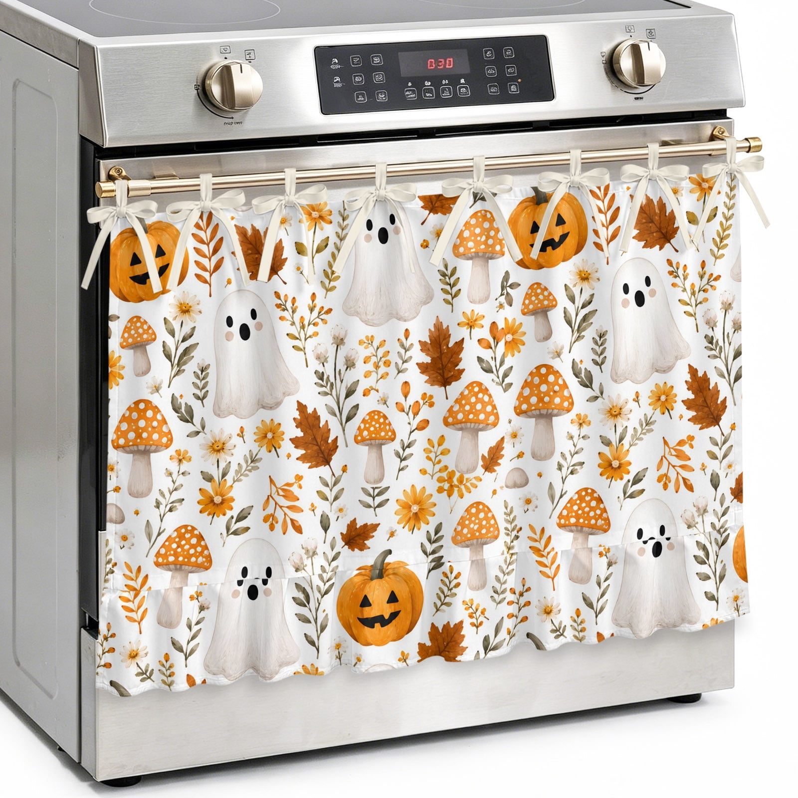 Halloween Oven Skirt Curtain Kitchen Stove Skirt Cover with Tie Top Ghost Pumpkins Mushroom Leaves Holiday Decorative Cabinet Cover Dishwasher Curtain for Farmhouse Decor 30x21.5 Inch