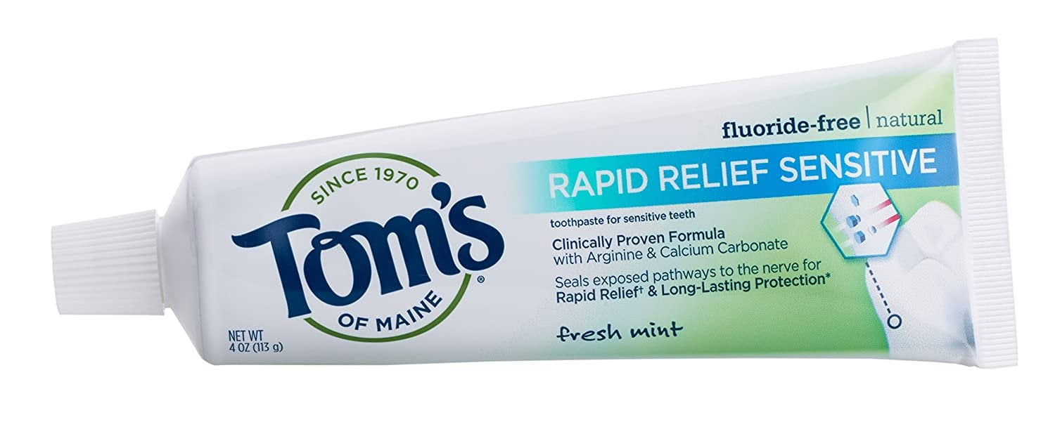 Tom's of Maine Fluoride-Free Rapid Relief Sensitive Natural Toothpaste, Fresh Mint, 4 Ounce, 3-Pack