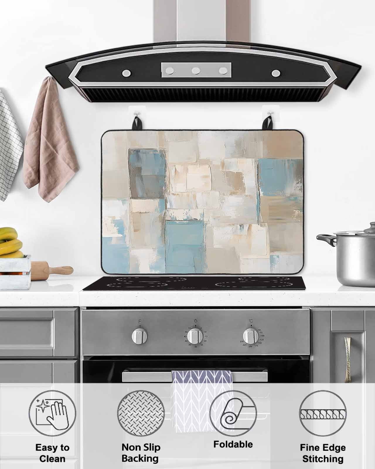 nqOlkjepod Large Induction Cooktop Protector Mat 24"x21", Blue Beige Color Blocks Stove Top Covers for Electric Stove, Abstract Oil Painting Art Stove Burner Cover Mats, Glass Top Stove Cover