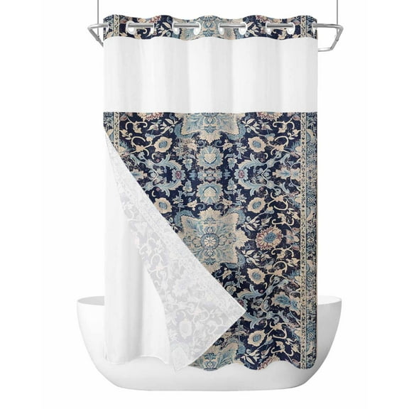 No Hook Vintage Flower, Oriental Boho Tribal Blue Shower Curtain with Snap in Liner Set, Waterproof Fabric Bathroom Curtains with See Through Top Window, Hotel Style Small 36 x 72 Inch