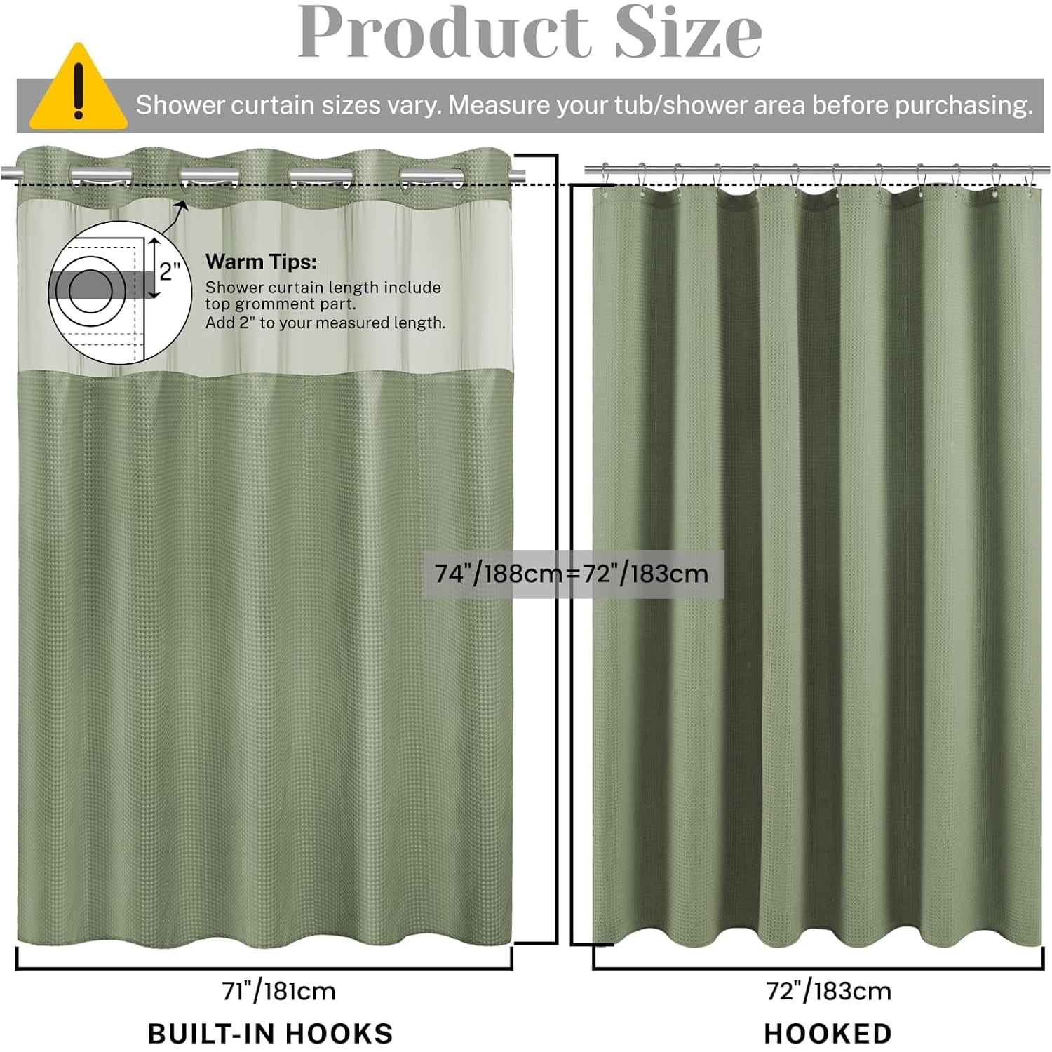 Waffle Weave Hookless Shower Curtain with Snap in Liner, DawnJoanHD Green Polyester Fabric Shower Curtains with See Through Top Window, 71" x 74"