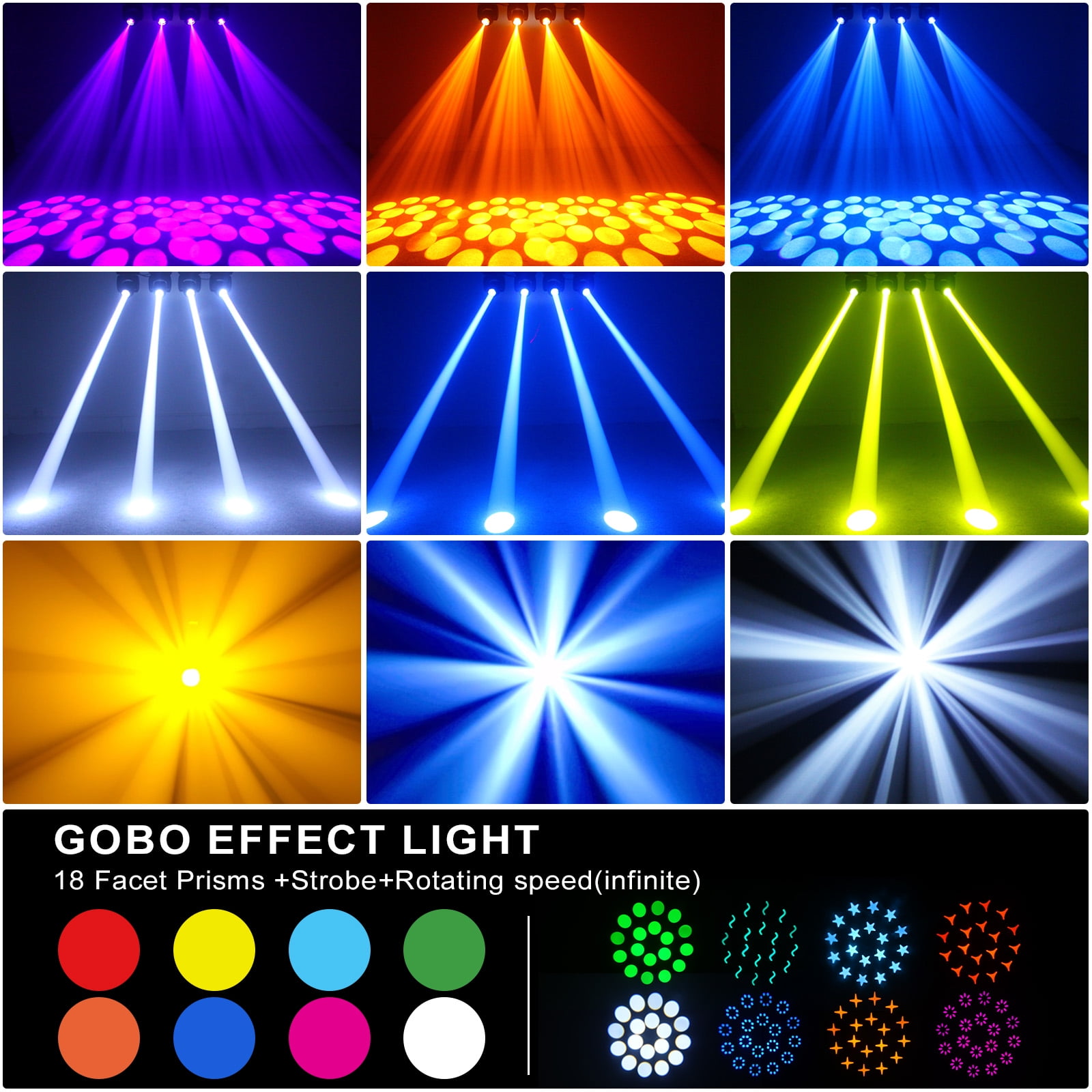 Wondnuga 120W Moving Head DJ Lights,18-Facet Prism Stage Lighting 8 Gobos and 8 Colors Spotlight with DMX and Sound Activated Modes for Wedding Parties Church Live Band Show Bar