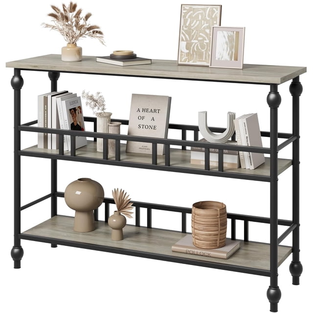 43" 3-Tier Narrow Console Table, Entryway/Sofa Table with Shelves for Living Room, Hallway, Bedroom, Rustic Gray.