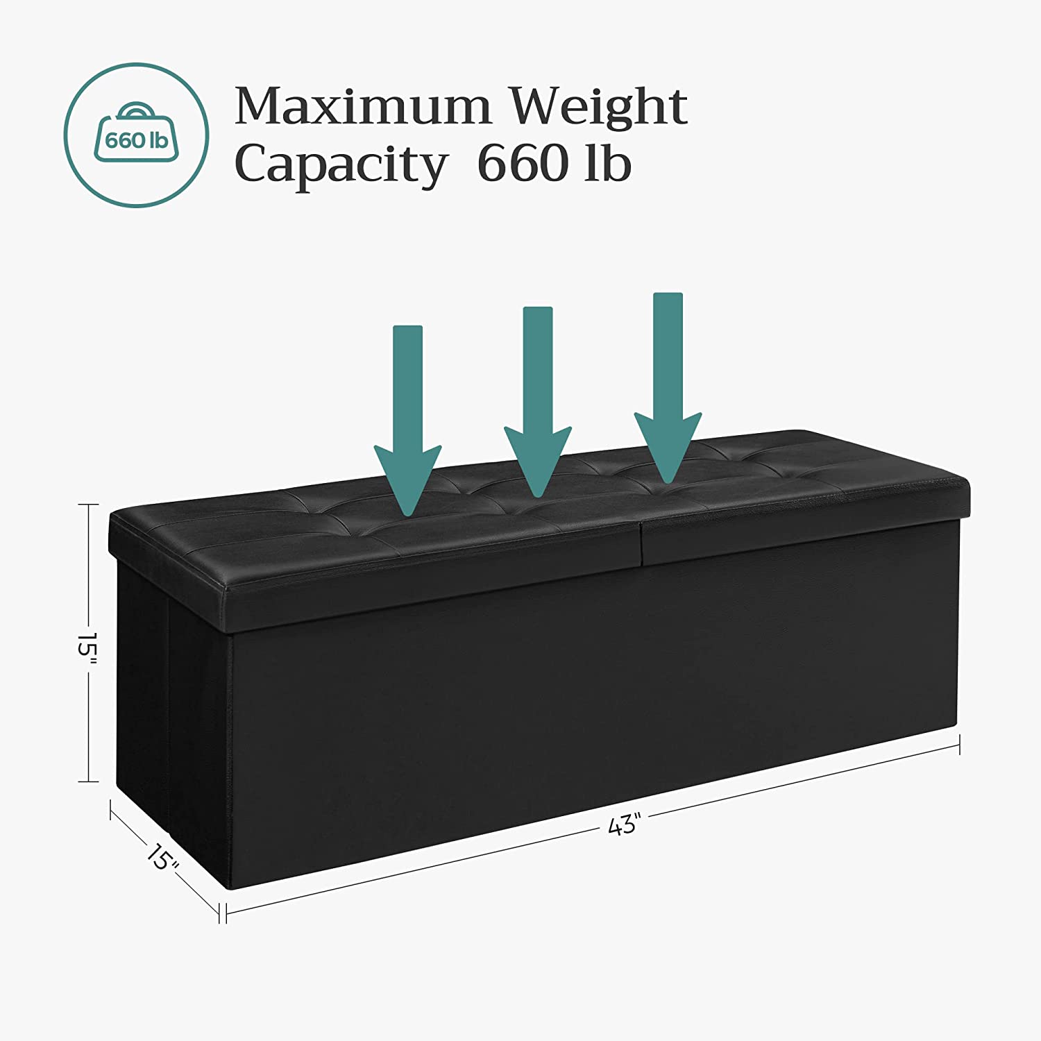 Songmics 43" Folding Storage Ottoman Bench, Black photo 3