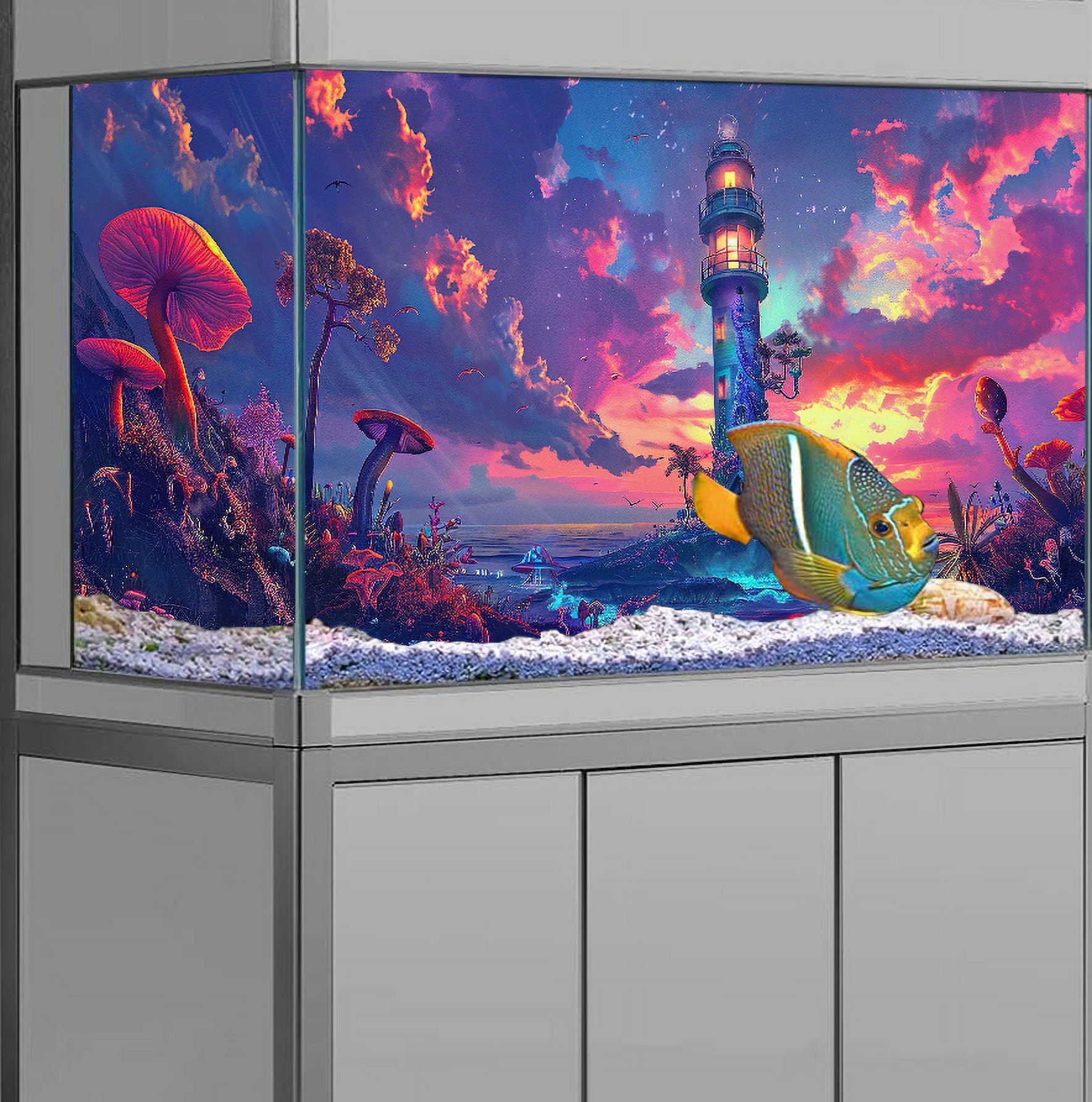Aquarium Background with Cloud Sky Design, Fantasy Landscape Tapestry Trippy Neon Galaxy Space Fish Tank, Nature Lighthouse Lake Tapestry Wall Hanging Decor for Home