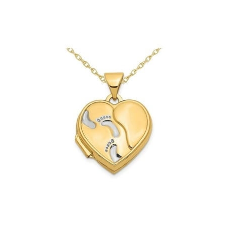 Footprints Heart Locket Pendant Necklace in 14K Yellow Gold with Chain