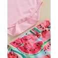 thumbnail image 6 of JYYYBF Baby Girl Summer Set, Letter Print Fly Sleeve Romper Frill Trim Watermelon Print Shorts Headband Infant Toddler Birthday Outfits, 6 of 7