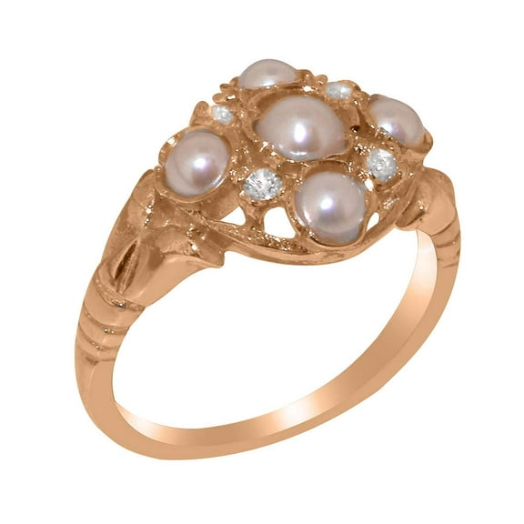 LBG British Made 9k Rose Gold Cultured Pearl & Diamond Womens Statement Ring - 33 size options - Size 10