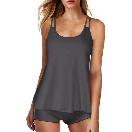 Rigardu Flowy Tankini Bathing Suits for Women Tummy Control Swimsuits Two Piece Swimwear Tank Top with Boyshorts Women s Slimming and Shielding Two Swimsuit for Women with Straps Dark Grey L