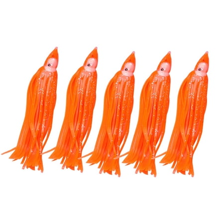 5 Pcs 4.3 Luminous Squid Jig Saltwater Silicone Orange Red Fishing Lure Fish Bait