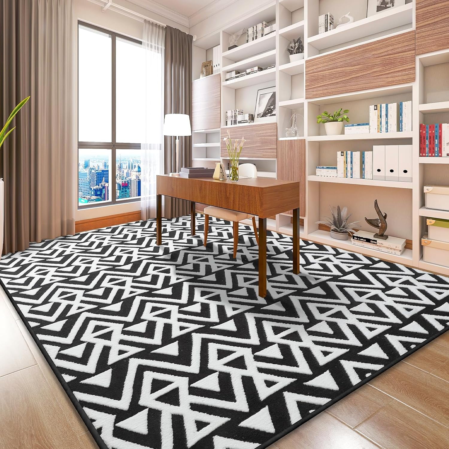 Lochas Soft Shaggy Rugs Geometric Area Rug Fluffy Carpet for Living Room Fluffy Accent Carpet Home Decor,5'x8',Black