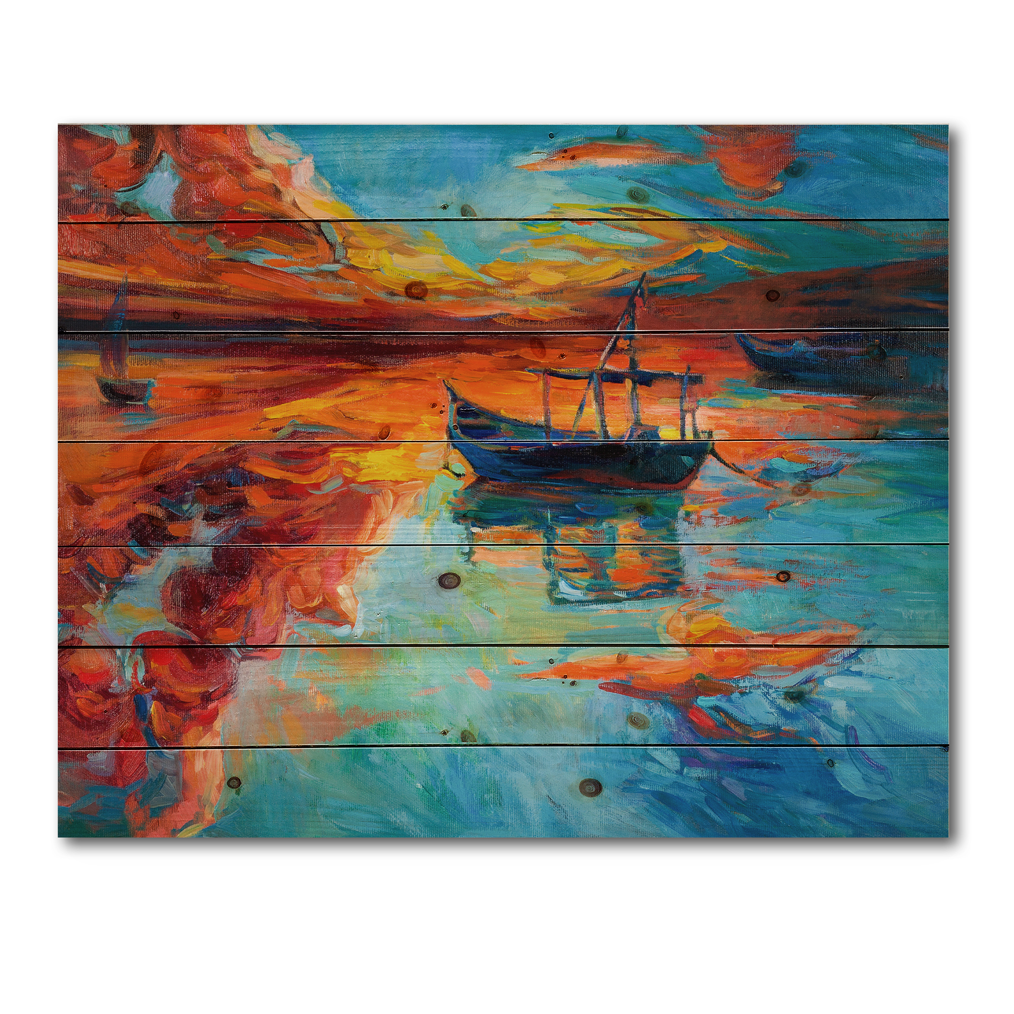 Designart 'Boat At The Lake During Evening Glow IV' Nautical & Coastal Print on Natural Pine Wood