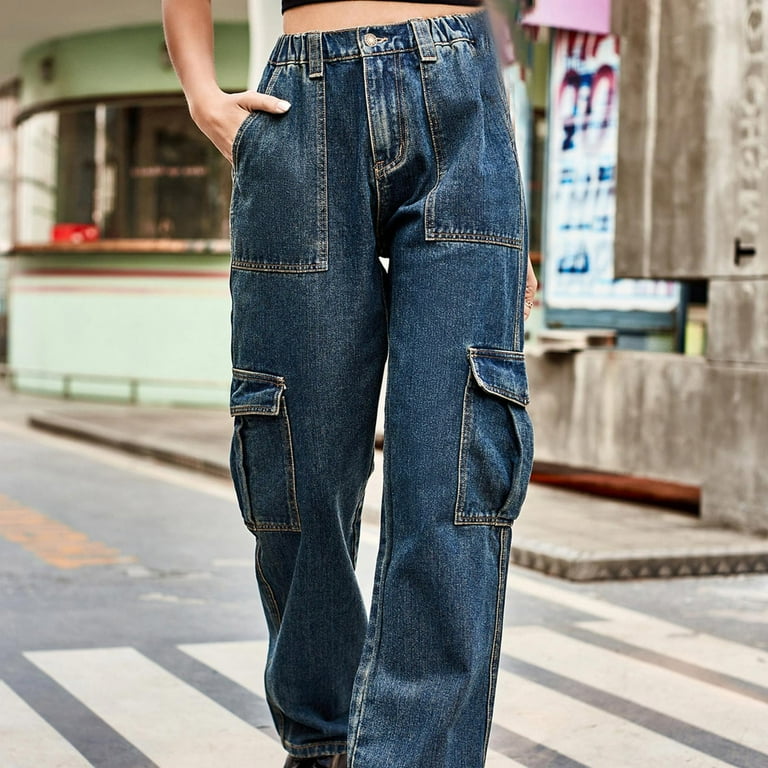デニム・ジーパン HUECLOSET Diagonal Big Cargo Denim Pants WCMZJ Women's Cargo Jogger Jeans Elastic High Waist Slim