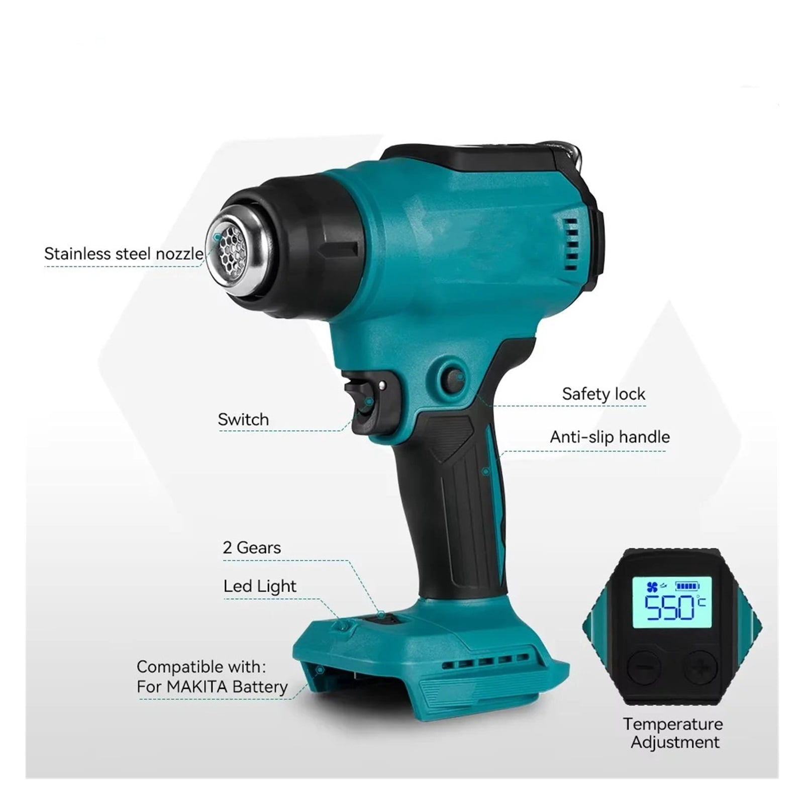 18V Heat Gun Shrink Wrapping Tool Hot Air Gun Air Dryer Soldering Thermal Blower with LED display, Tool only, No battery ,Variable Temperature