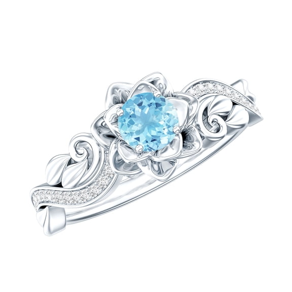 Rosec Jewels Natural Aquamarine Diamond Flower Engagement Ring for Women - AAA Quality Aquamarine Ring with Jewelry Box, 925 Sterling Silver, US 4.00