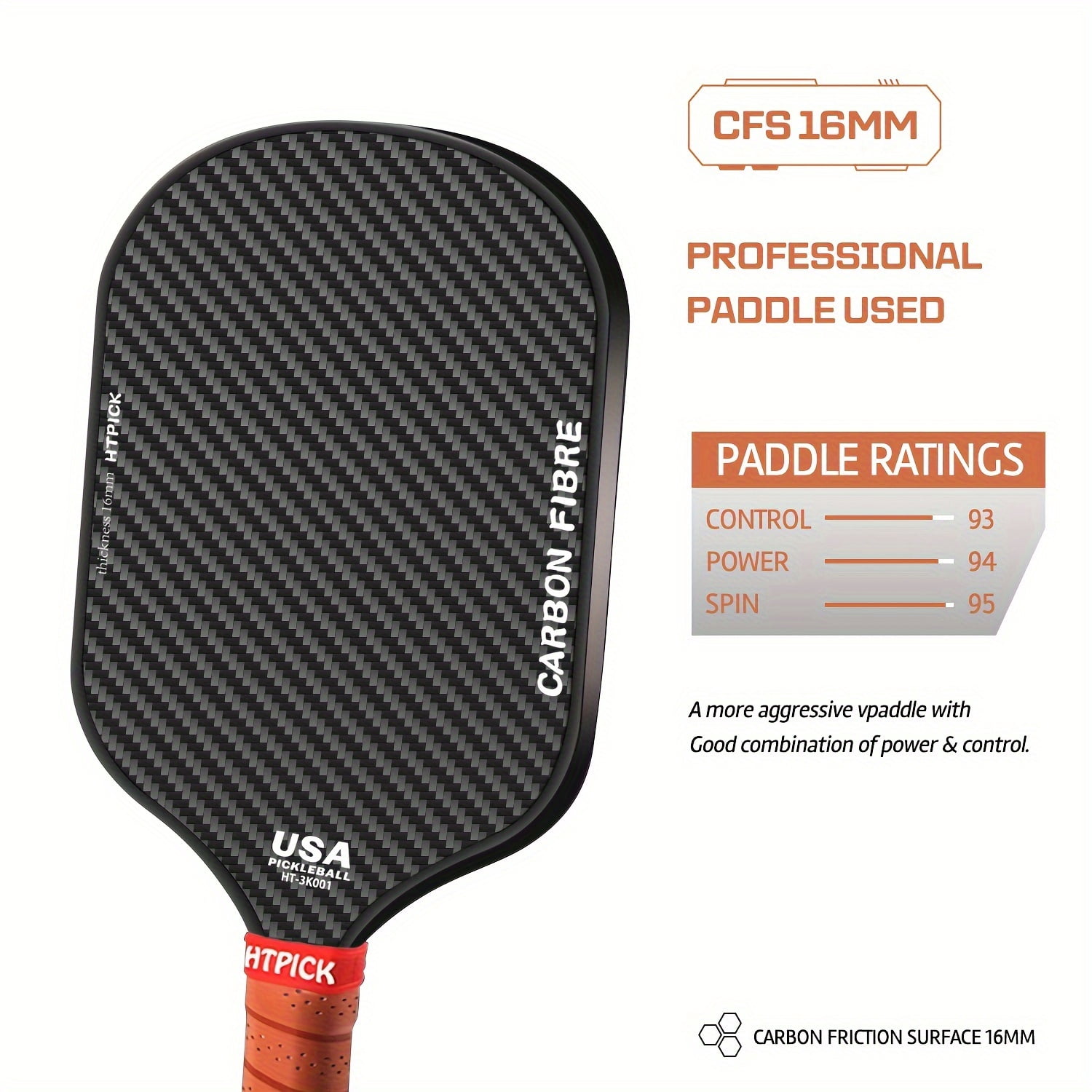 Pickleball Paddle, 3K Raw Carbon Fiber SurfaceHigh Grit & Spin, 16MM professional shooting, Ideal for Novice and Professional Players