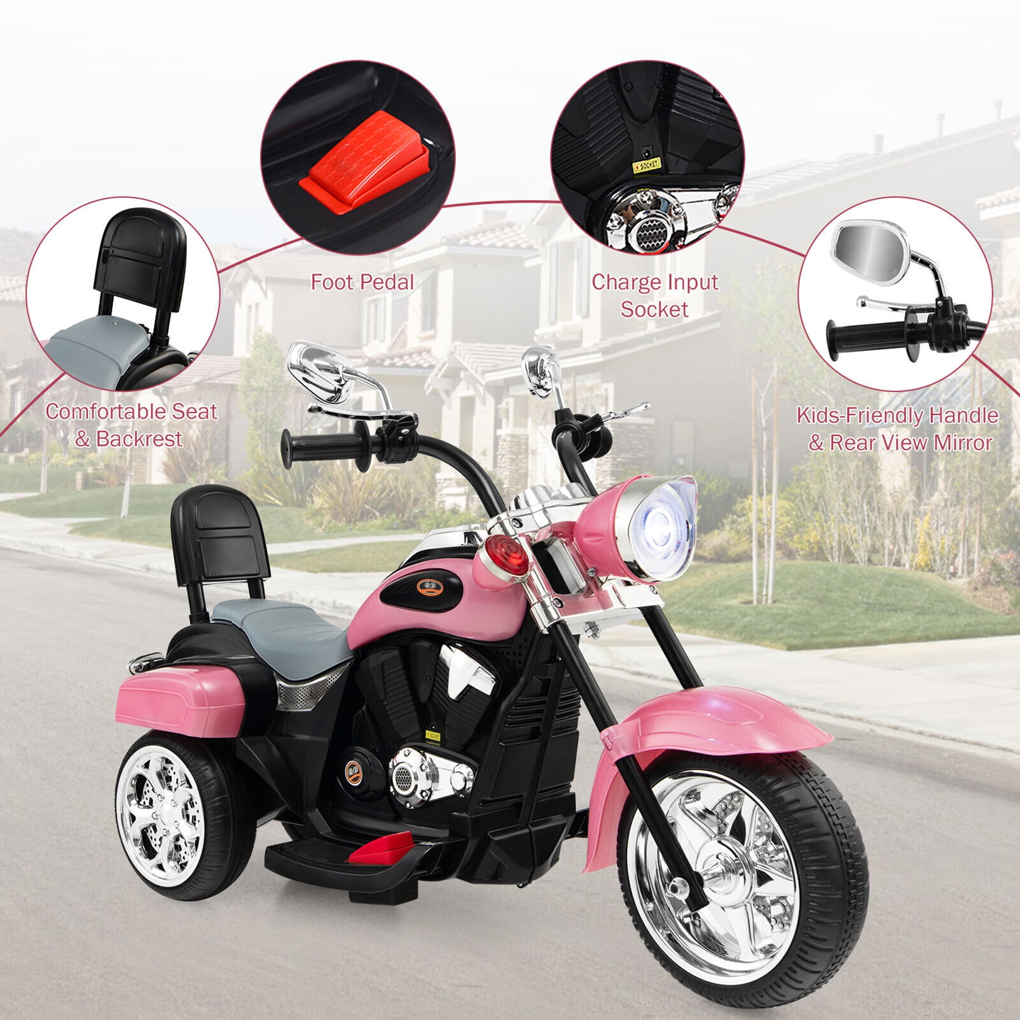 Gymax 6V Kids Ride On Chopper Motorcycle 3 Wheel Trike with Headlight Pink