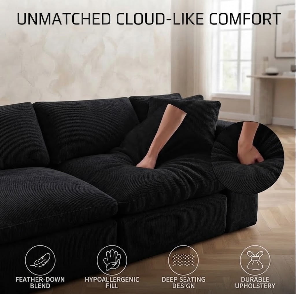 Oversized U-Shaped Sectional Sofa with Ottoman, 7-Seater Modular Chenille Cloud Couch, Deep Seat Frameless Sofa for Living Room, Apartment, Office