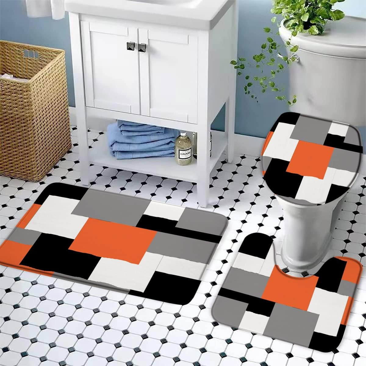 Orange Black Gray White Bath Mat 3 Piece Set Bathroom Rug Abstract Geometric Geometry Squares Modern Fashion Toilet U-Shaped Carpet