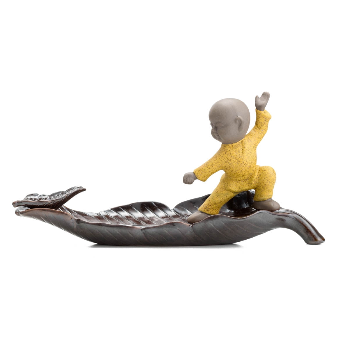 TJ Global Ceramic Monk in Yellow Standing on Leaf Incense Burner for Incense Stick and Cone Holder, Ash Catcher Tray