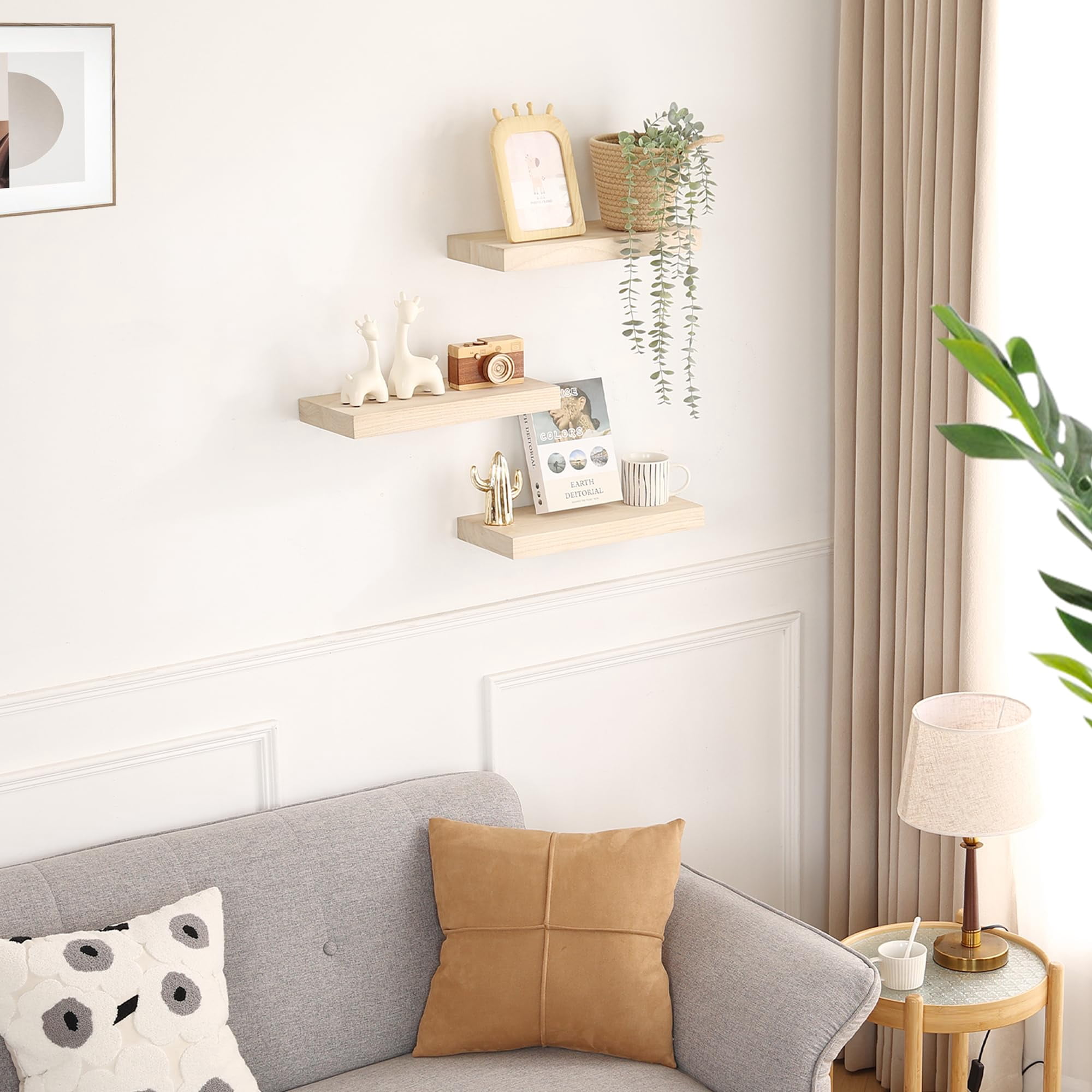 Floating Shelves for Wall Set of 3-Rustic Brown Solid Wood Wall Mounted Shelves,16" Long x 7" Deep x 1.6" Thick,Heavy Duty Shelving for Bedroom, Living Room, Kitchen, Bathroom (16inch)