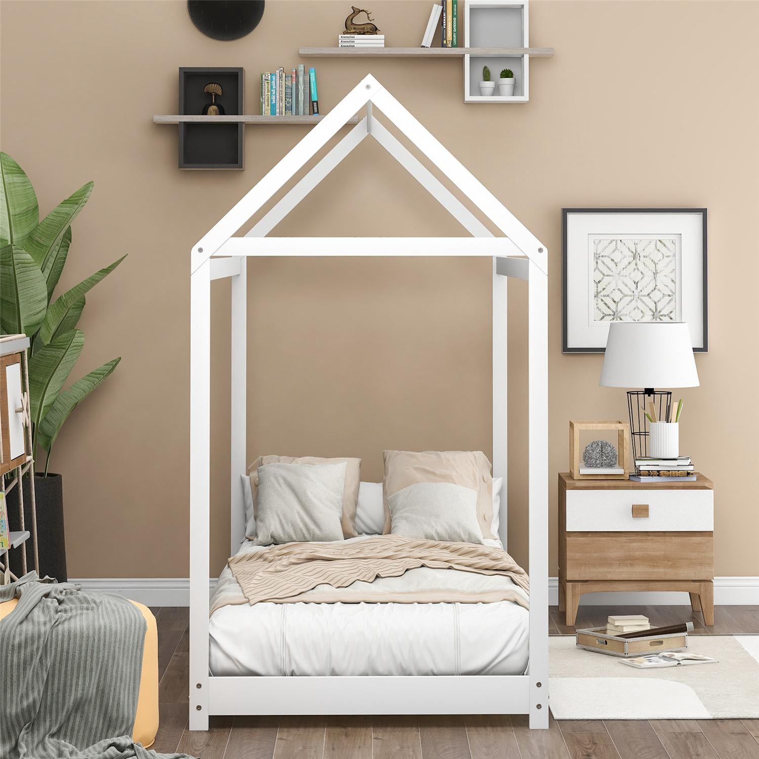 White Twin House Bed for Kids, Pine Wood Toddler House Bed Frame, Floor Canopy Bed with 6 Wooden Slats for Boys Girls Teens Children, Nursery Furniture, No Box Spring Needed, 76.1 x 41.5 Inch