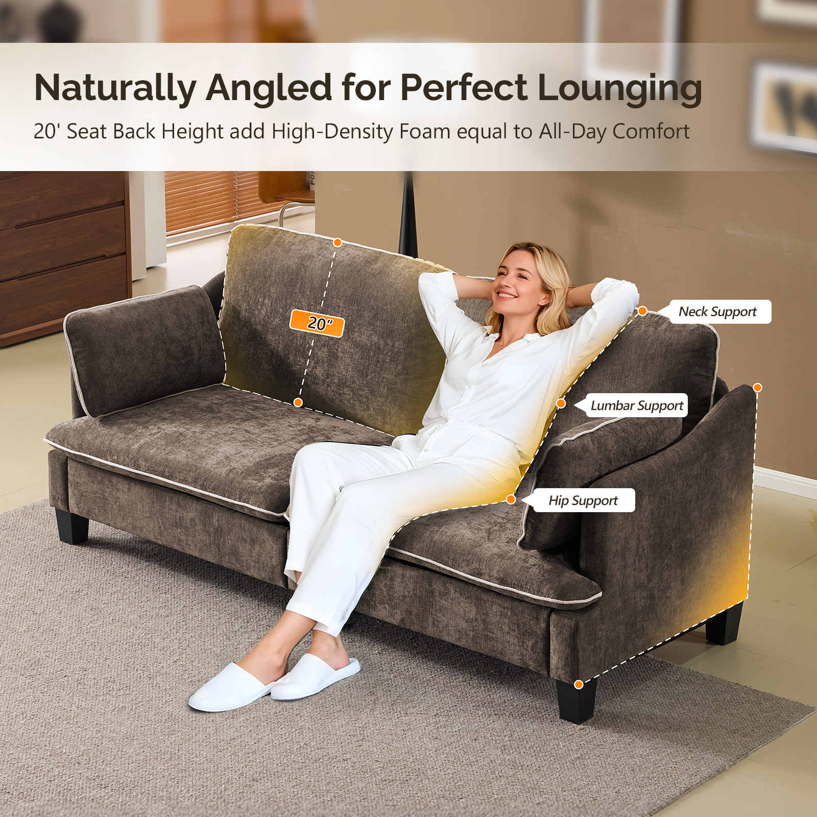 Ktaxon 84" Sofa, Linen Fabric Deep Seat Couch with Lumbar Pillows, Oversized Loveseat for Small Spaces, Living Room Brown
