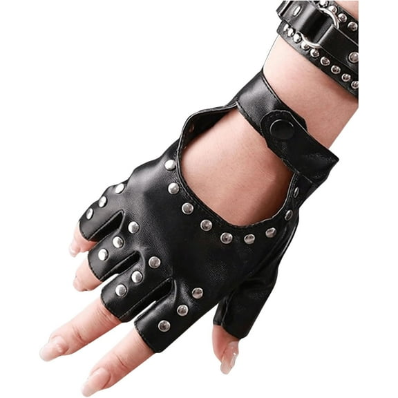 YooGuoGuo Women's Punk Rivet PU Leather Half Finger Gloves