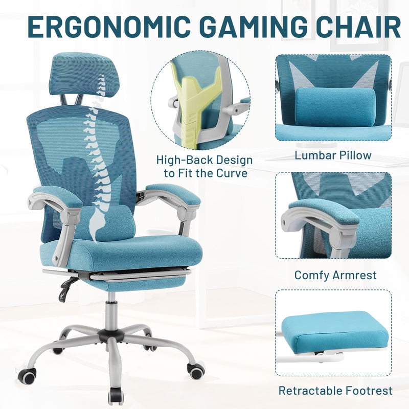 Ergonomic Office Chair with Footrest, Swivel Mesh Chair with Lumbar Support, Headrest and Flip-up Armrests for Home Office, Blue