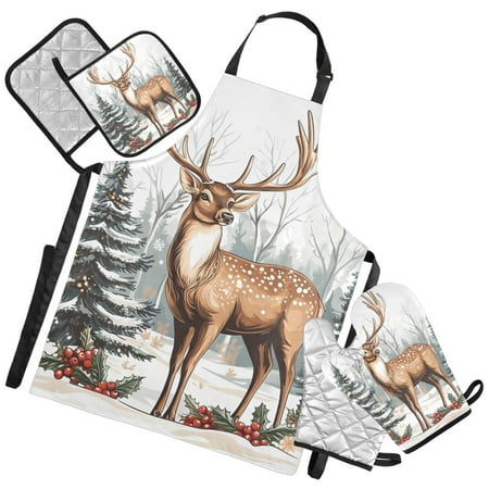 Ryvnso Elk Christmas Reindeer Kitchen Apron Oven Mitts Set Pot Holders