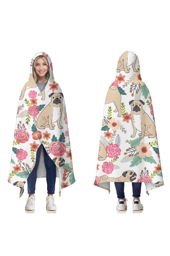 Wearable Blanket,Pugs and Pioneer Flower Hooded Wearable Sherpa Blanket for Adults & Teens,Winter Poncho Shawl Wrap Cape Thick Warm,60"x80"