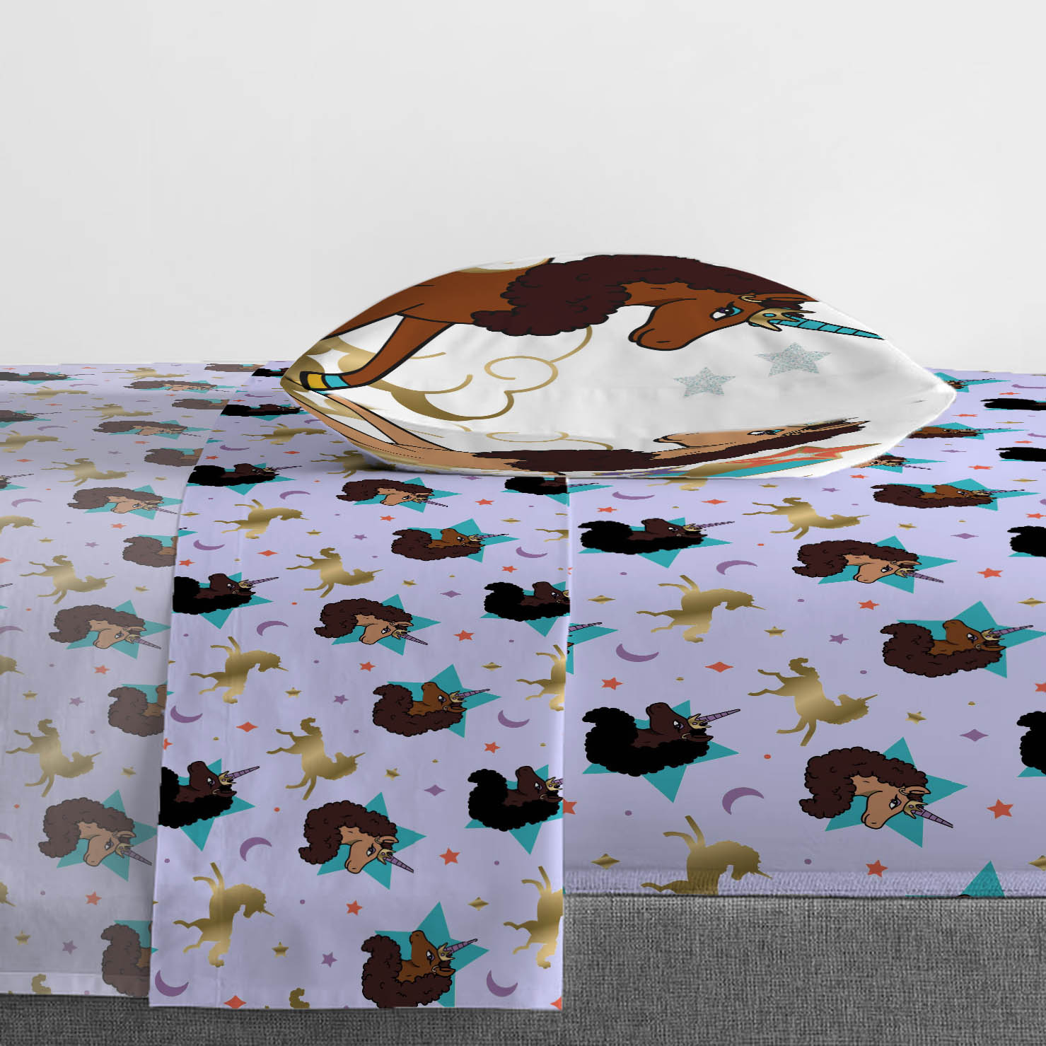Afro Unicorn Kids 3-Piece Twin Sheet Set, Microfiber, Purple, Afro Unicorn