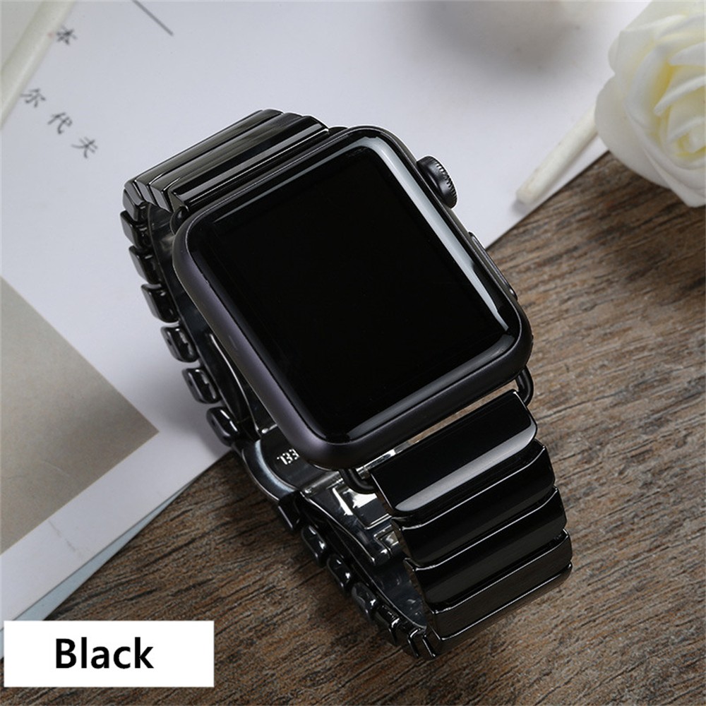 Compatible for Apple Watch Band 40mm 44mm 45mm 42mm Ceramic iWatch Band Women Men Stainless Steel Metal Butterfly Buckle Wristband Replacement Band for Apple Watch Series 7 6 5 4 3 2, SE -White/Black - image 2 of 9