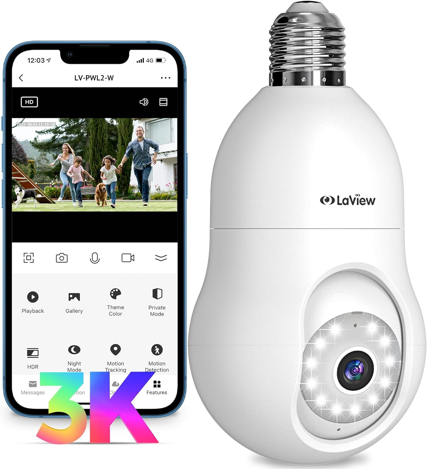 LaView 5MP QHD Bulb Security Camera 2.4GHz, 360 3K Security Cameras Wireless Outdoor Indoor Full Color Day and Night, AI Motion Detection, Audible Alarm, Easy Installation, Compatible with Alexa