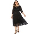 thumbnail image 1 of Vestido de noche de talla grande para mujer, falda de longitud media con encaje floral vintage, manga 2/3, vestido con bolsillo de encaje ahuecado （negro）,4XL, 1 of 5