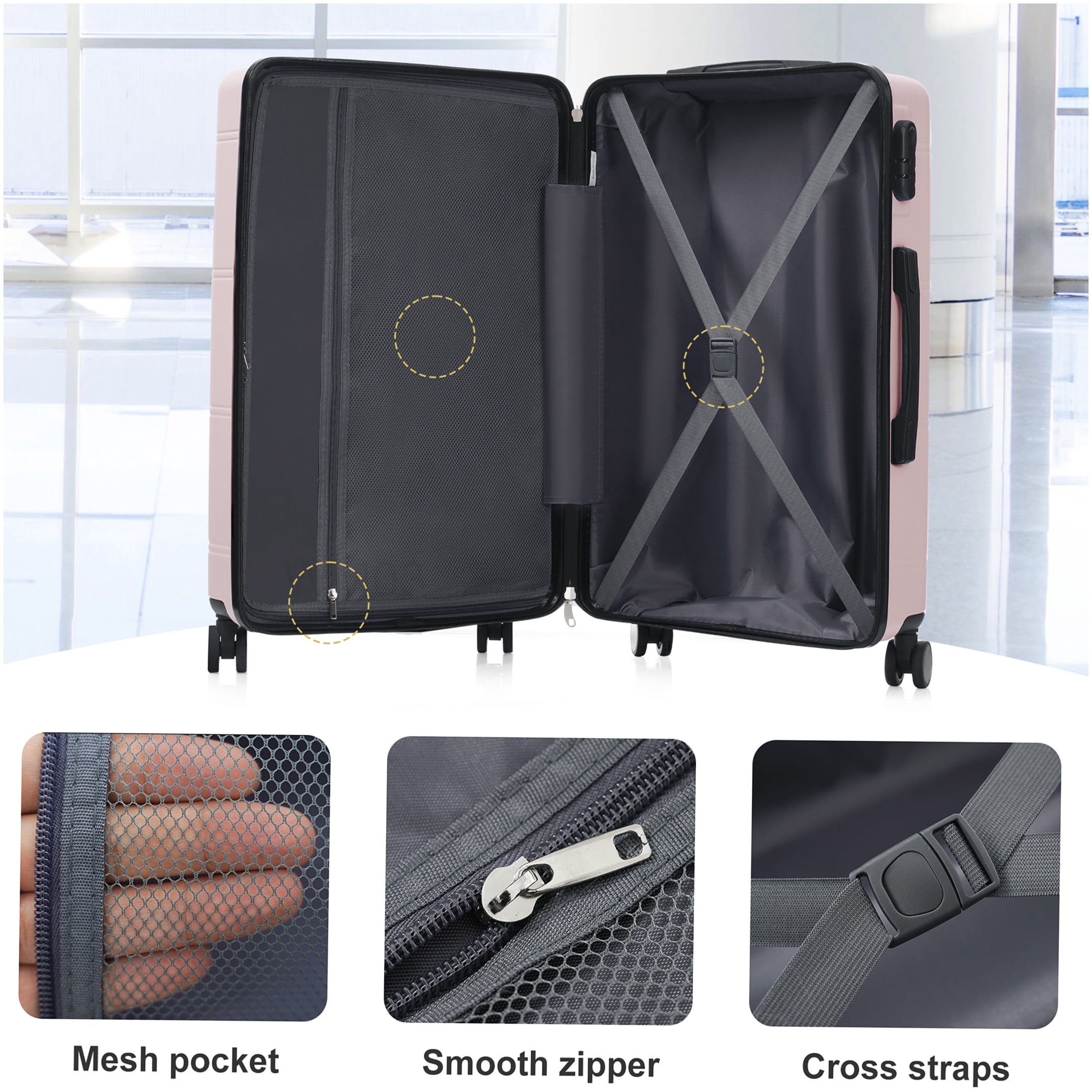 CHAMPFLAG Pink ABS 6-Piece Hardside Luggage Set with Double Spinner Wheels, Combination Lock, Includes Carry-On, Checked Suitcase, Duffel &; Cosmetic Case