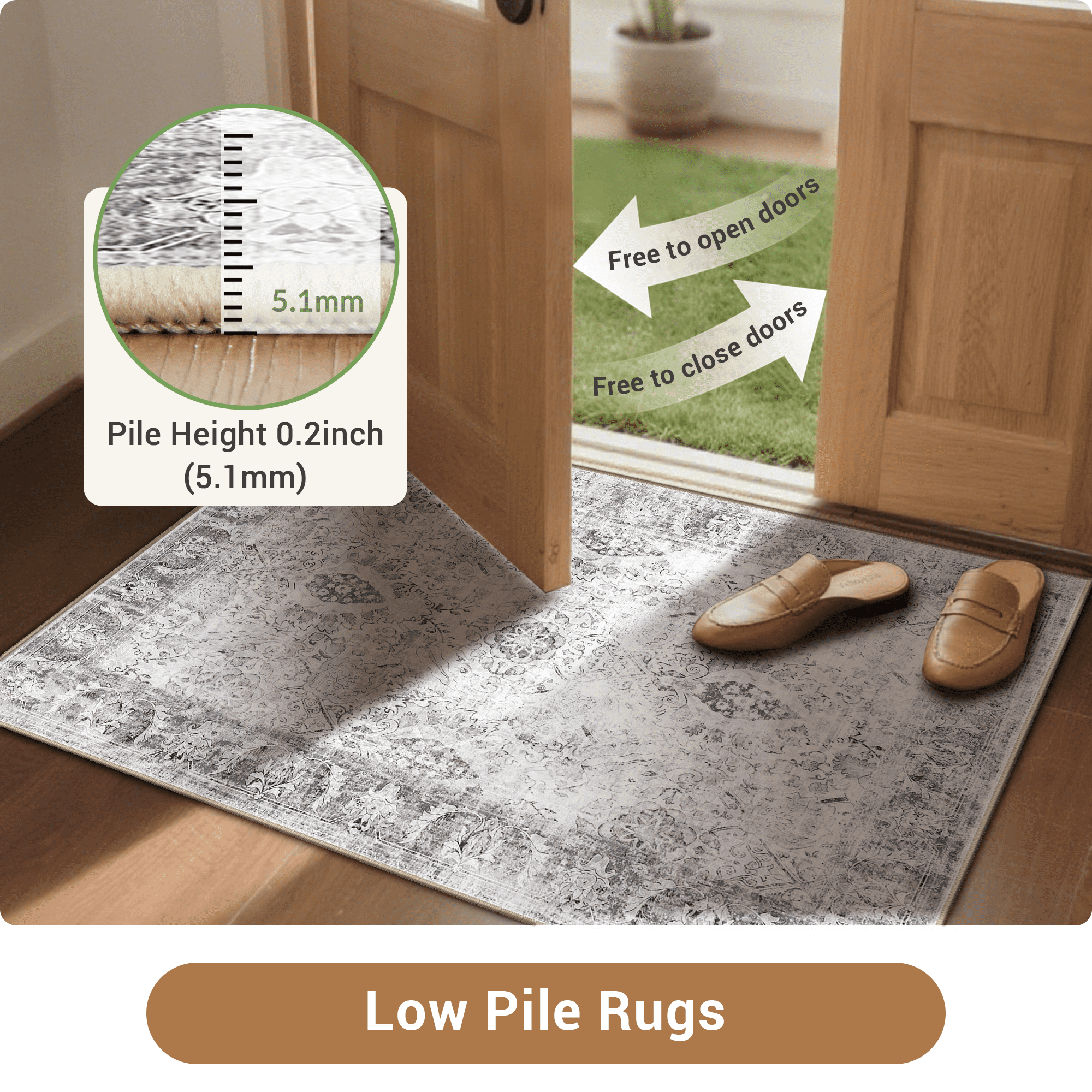 NewBuros Area Rugs 8'x10' Washable Non-Slip Boho Rugs, Soft Stain Resistant Low Pile Print Indoor Carpet for Living Room Bedroom Dining Room, Gray & Black