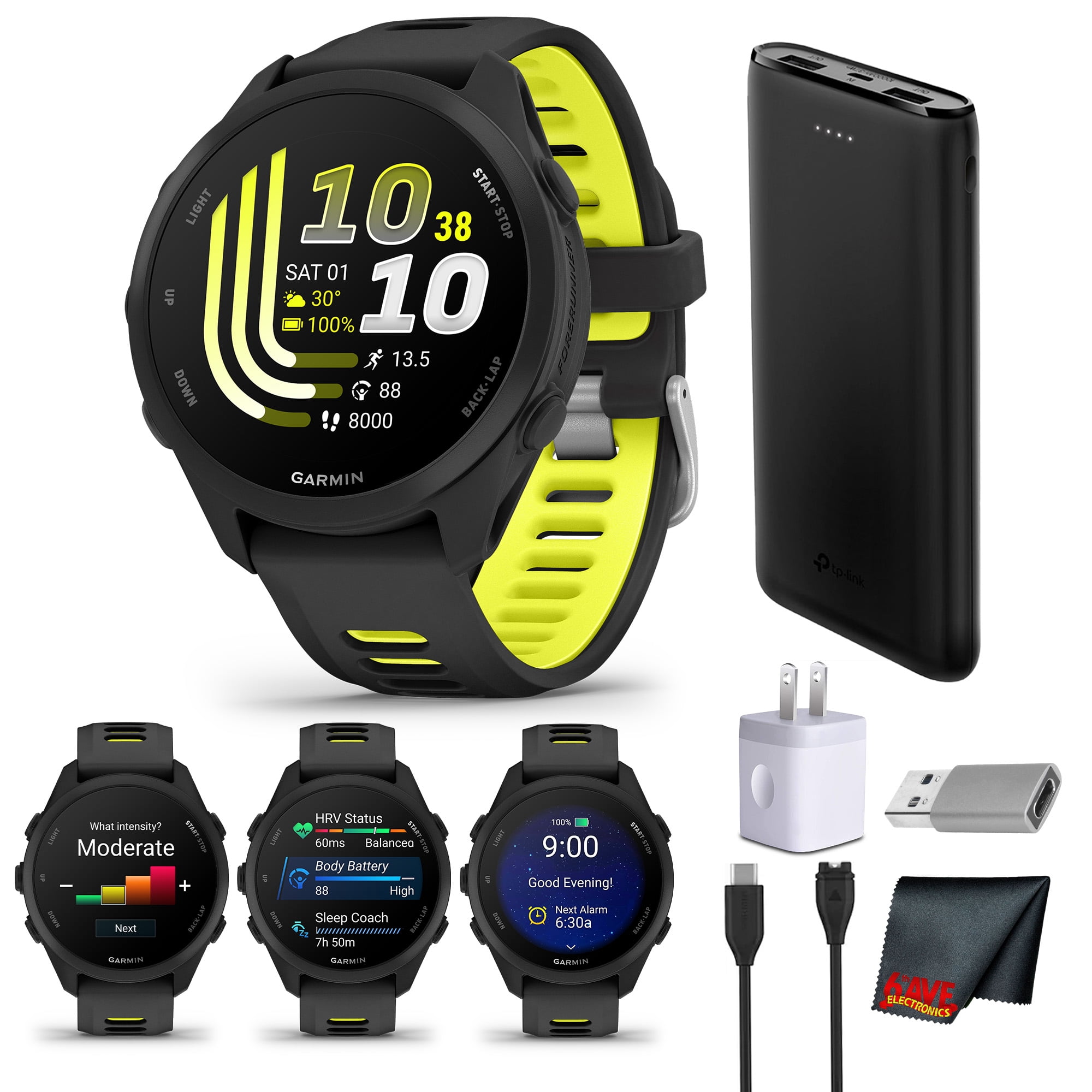 Garmin Forerunner 170 GPS Running Smartwatch | 1.2" AMOLED Display, Heart Rate Monitor, Activity Tracking | Black/Amp Yellow Bundle