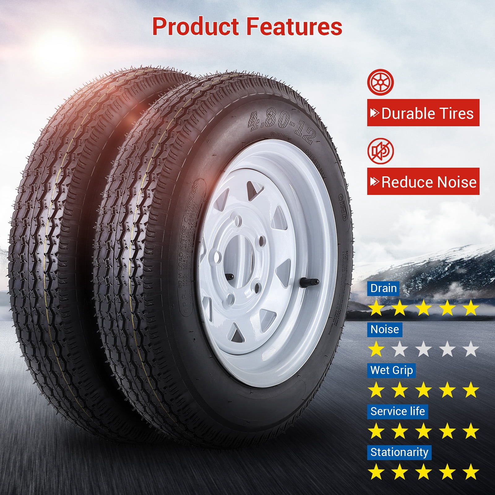 COZONY 2 Pack Trailer Tire on Rims, 6PR，4.80-12，12" Rims 5 Lug White Spoke Wheel, Load Range C,Rubber