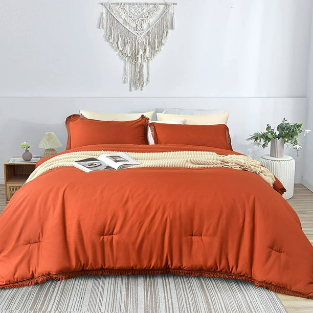 Burnt Orange Comforter Set with Tassel Breathable Soft Lightweight