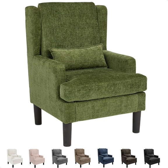 Mid‑Century Chenille Upholstered Wingback Accent Armchair, High‑Back Comfy Reading Chair with Throw Pillow and Solid Wood Legs for Living Rooms