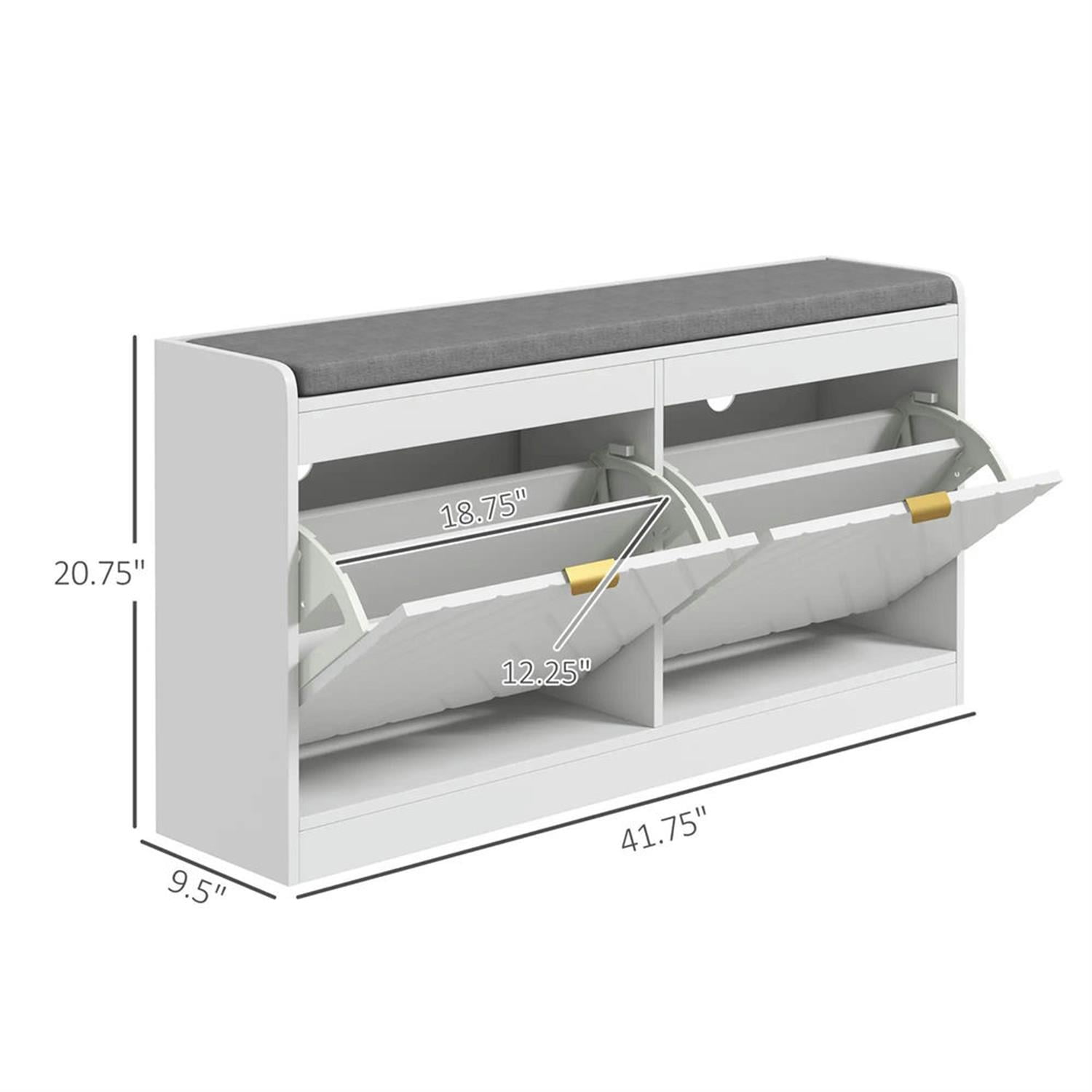 Demi Bonn Narrow Bench Upholstered Entryway Bench, Shoe Storage Bench with 2 Flip Drawers, 2 Ventilated Shoe Rack for 8 Pairs, White