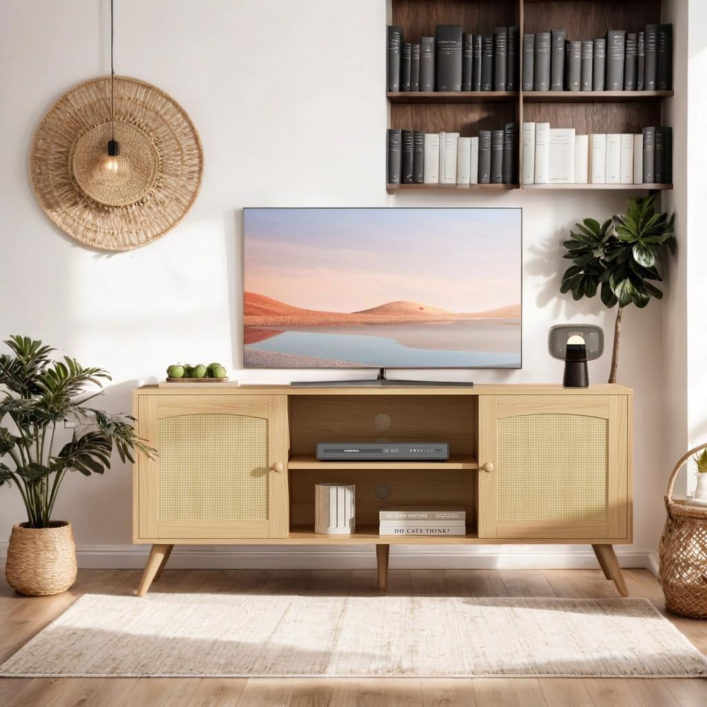 DIYART Oak Rattan TV Stand for 60 Inch TV, Wooden Mid Century Modern Entertainment Center with Natural Rattan Door, Boho Media TV Console for Living Room