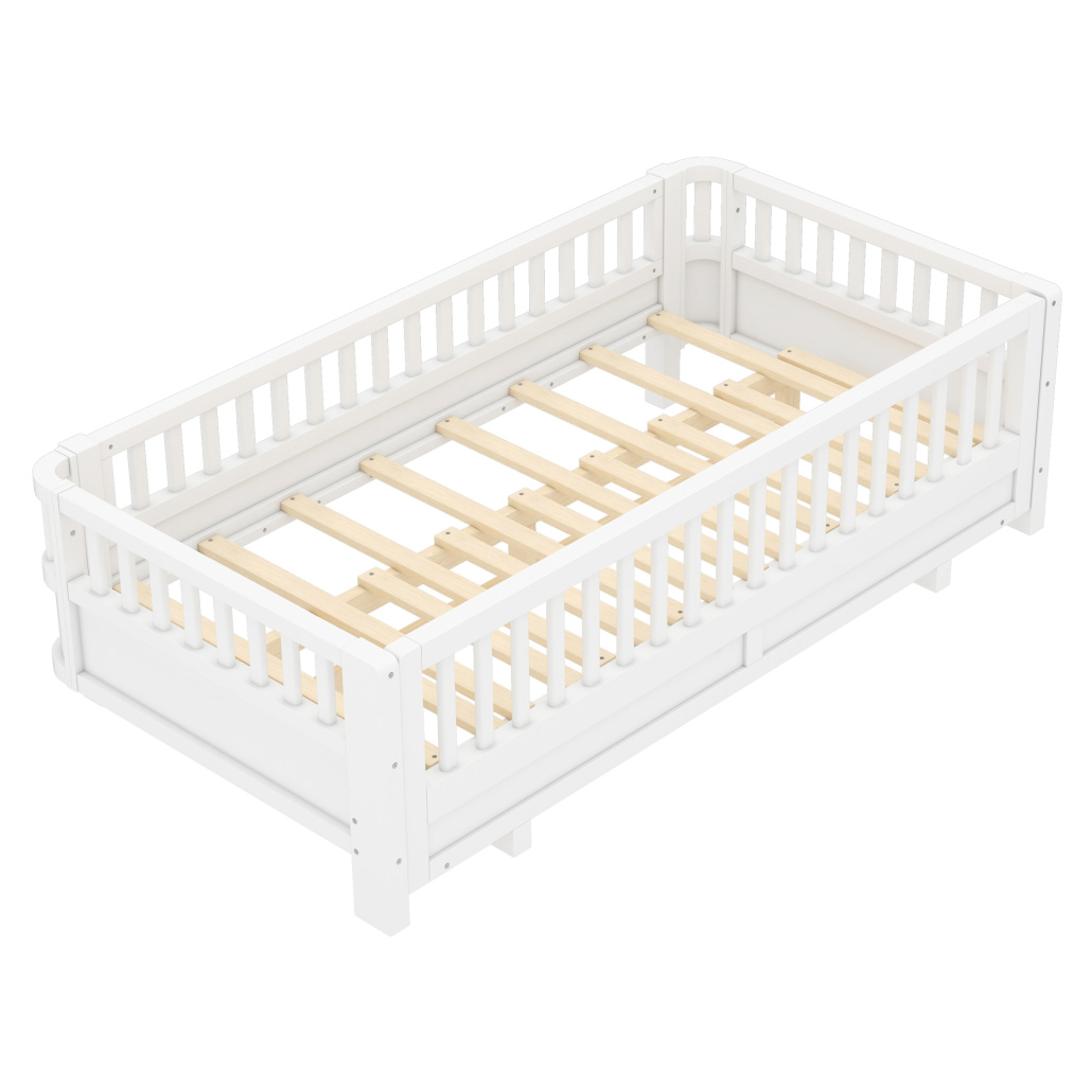 Twin XL Montessori Floor Bed or Queen Platform Bed for Kids, Solid Wood Twin XL Bed Frame with Guardrails, 2-in-1 Convertible Toddler Bed Frame, White